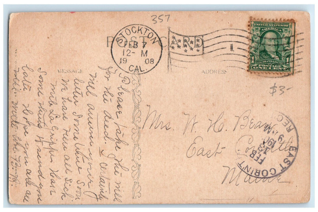 1908 Stockton Channel Stockton California CA Steamboat East Corinth ME Postcard