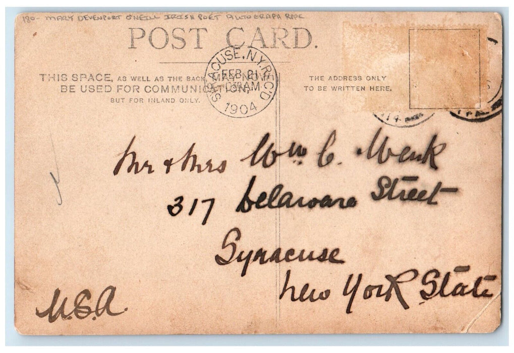 1904 Mary Devenport Oneill Irish Poet Autograph RPPC Photo Antique Postcard