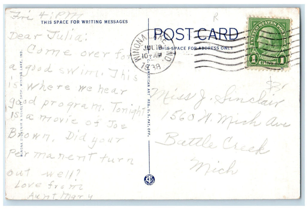1938 The Sunday Tabernacle Winona Lake Indiana IN Vintage Posted Postcard