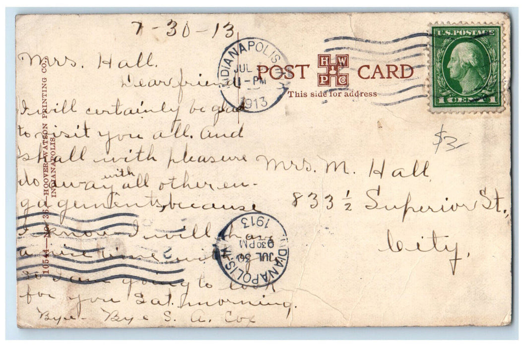 1913 College Avenue Bridge Indianapolis Indiana IN Antique Posted Postcard