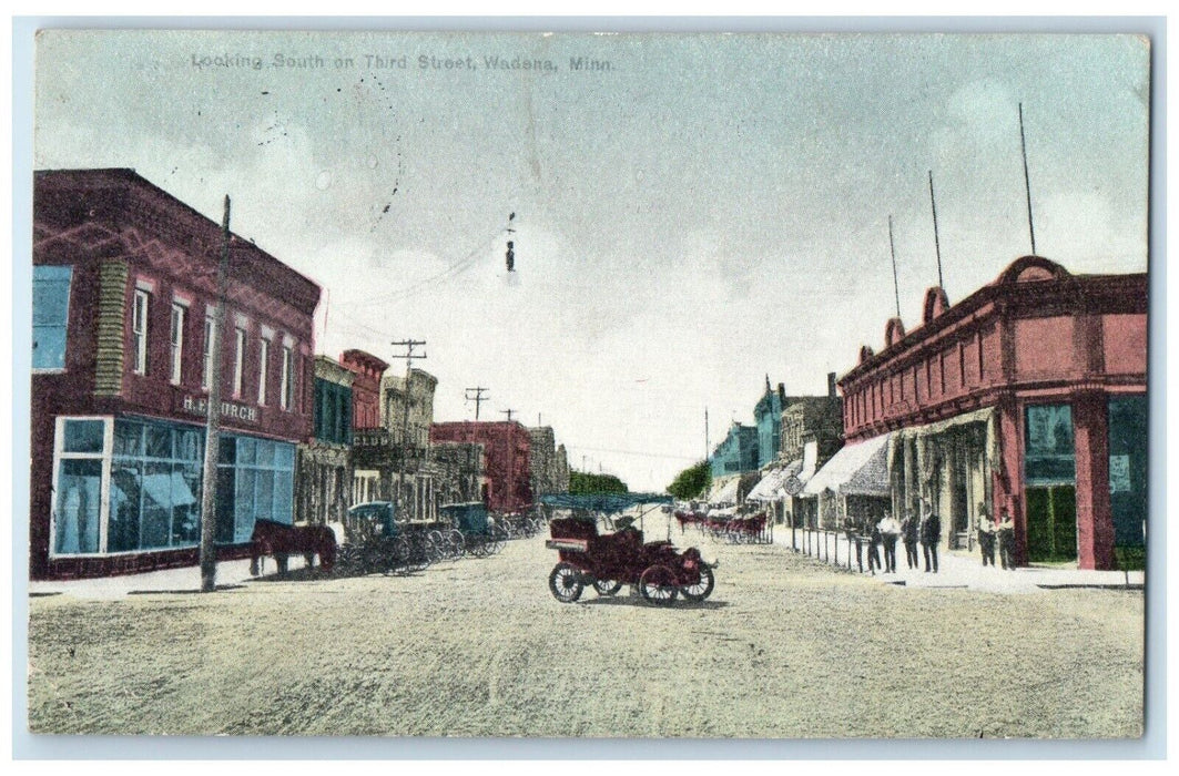 Looking South On Third Street Stores Cars Wadena Minnesota MN Antique Postcard