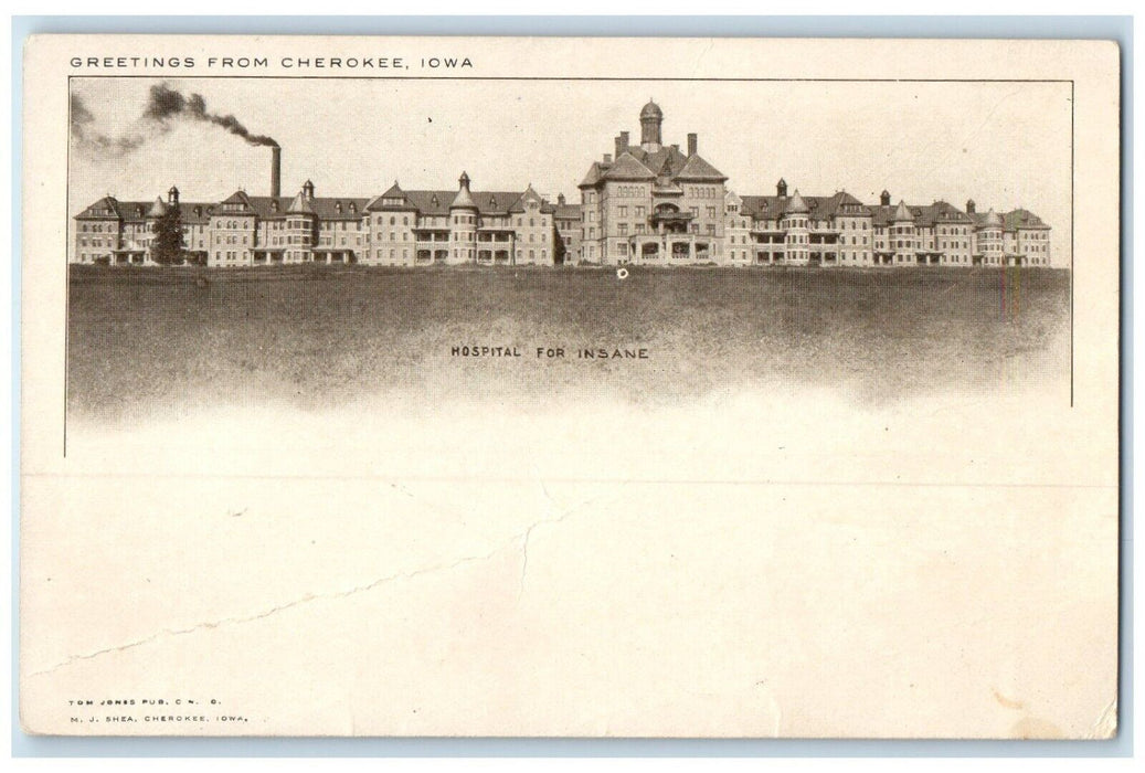 c1905 Greeting From Cherokee Iowa IA, Hospital For Insane Asylum Posted Postcard