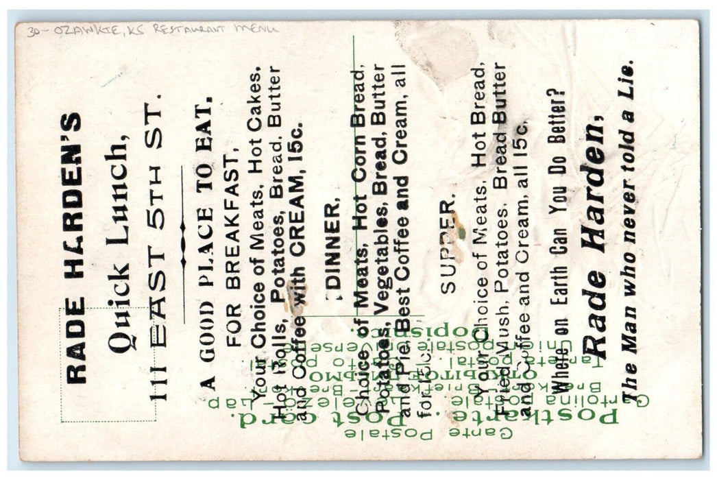 Ozawkie Kansas KS, Flowers Rade Hardens Restaurant Menu Vintage Postcard