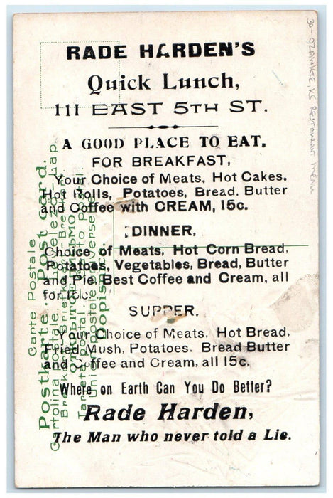 Ozawkie Kansas KS, Flowers Rade Hardens Restaurant Menu Vintage Postcard