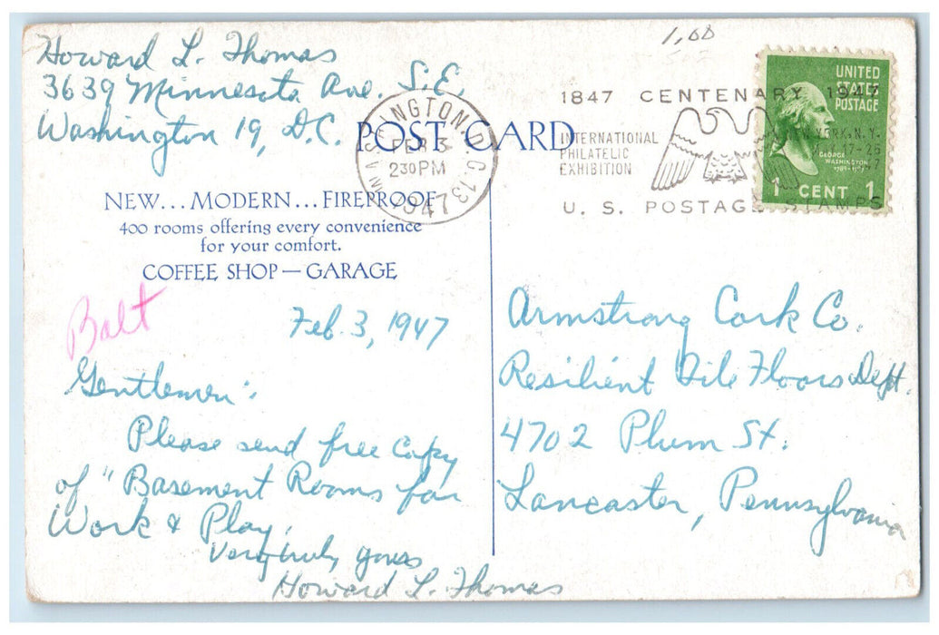 1947 Hotel Gary Gary Indiana IN Vintage Posted Exhibition Stamp Postcard