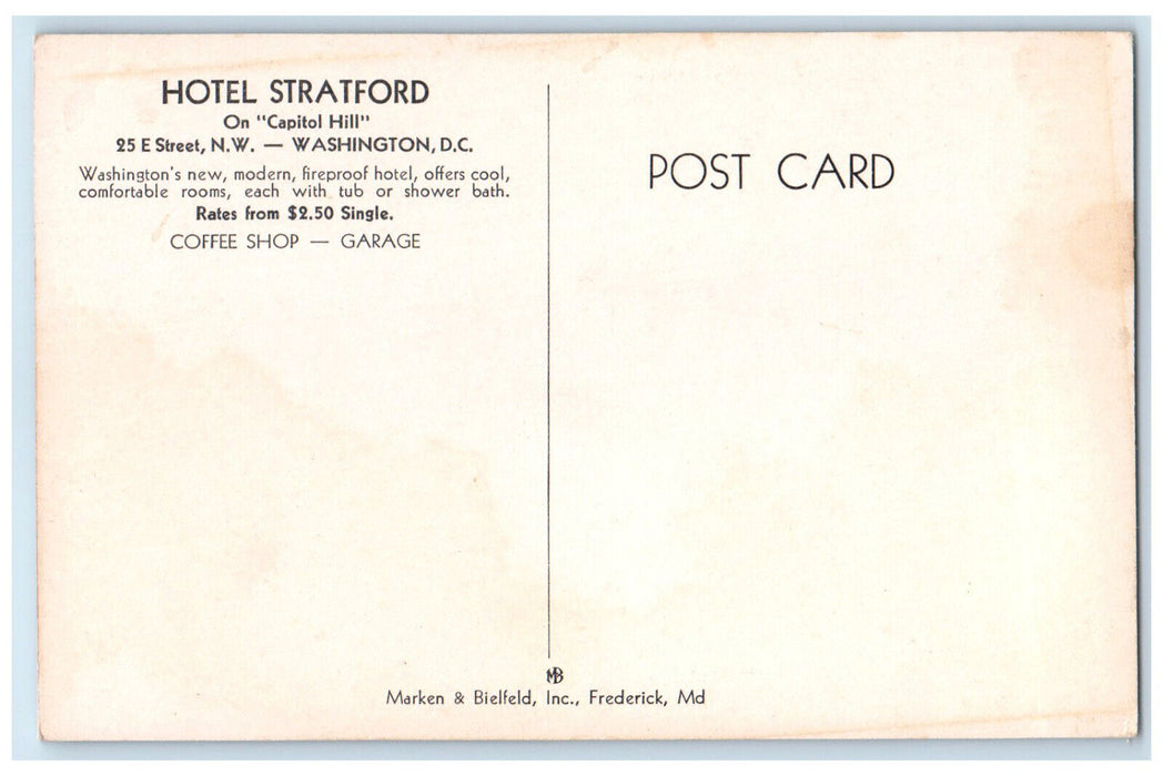 c1940's Hotel Stratford On Capitol Hill Washington DC Unposted Postcard