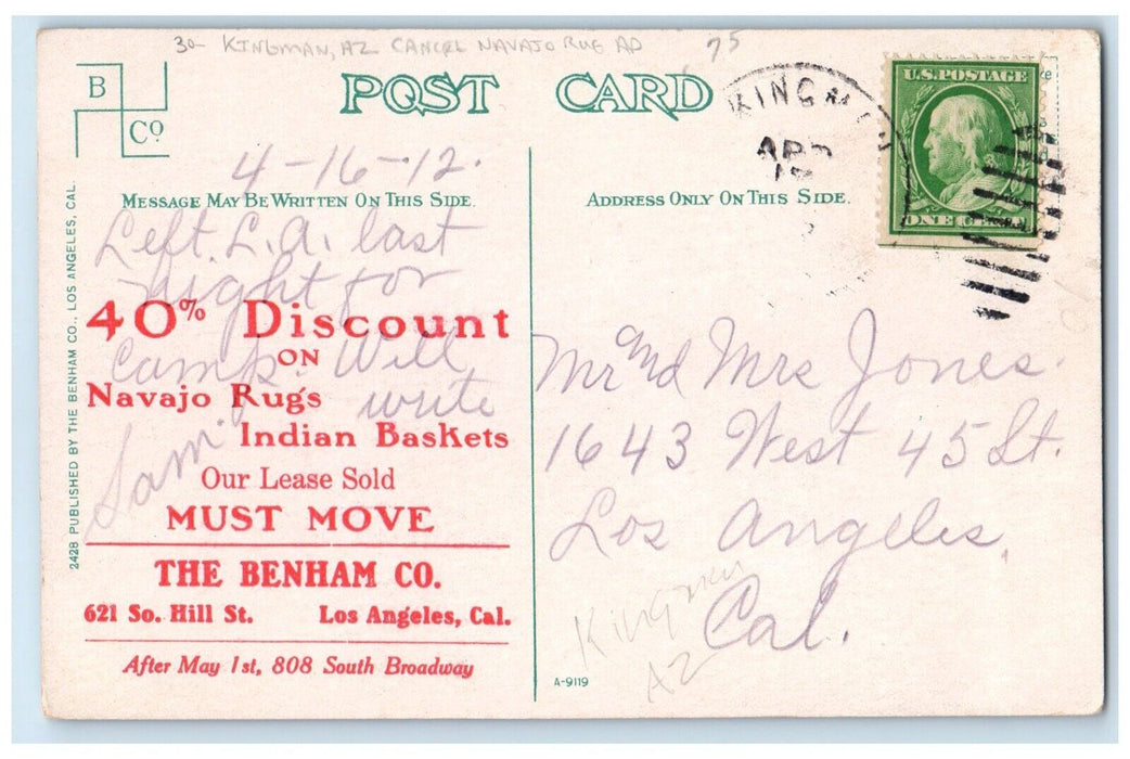 1912 Colorado River Grand Canyon CO Arizona Kingman AZ, Cancel Navajo Postcard