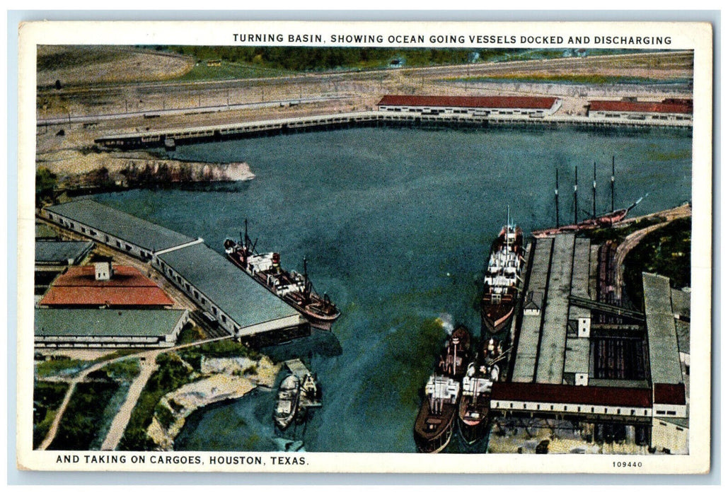 c1920's Turning Basin Vessels Docked Taking Cargoes Houston Texas TX Postcard