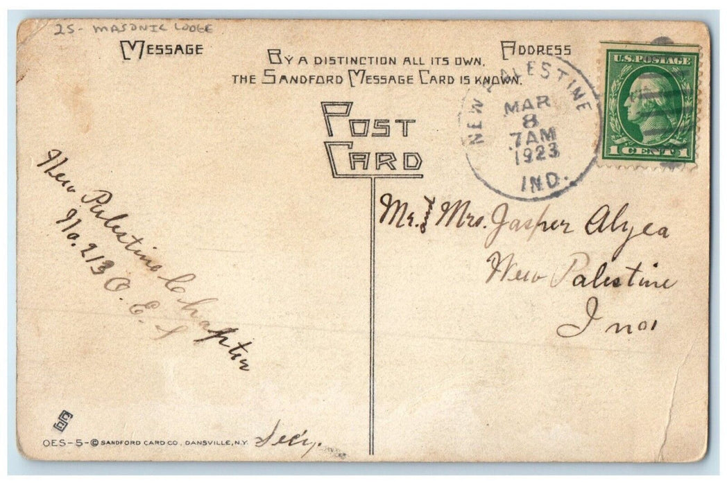 1923 Letter Message Thinking Of You Masonic Lodge New Palestine IN Postcard