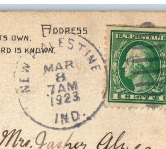 1923 Letter Message Thinking Of You Masonic Lodge New Palestine IN Postcard