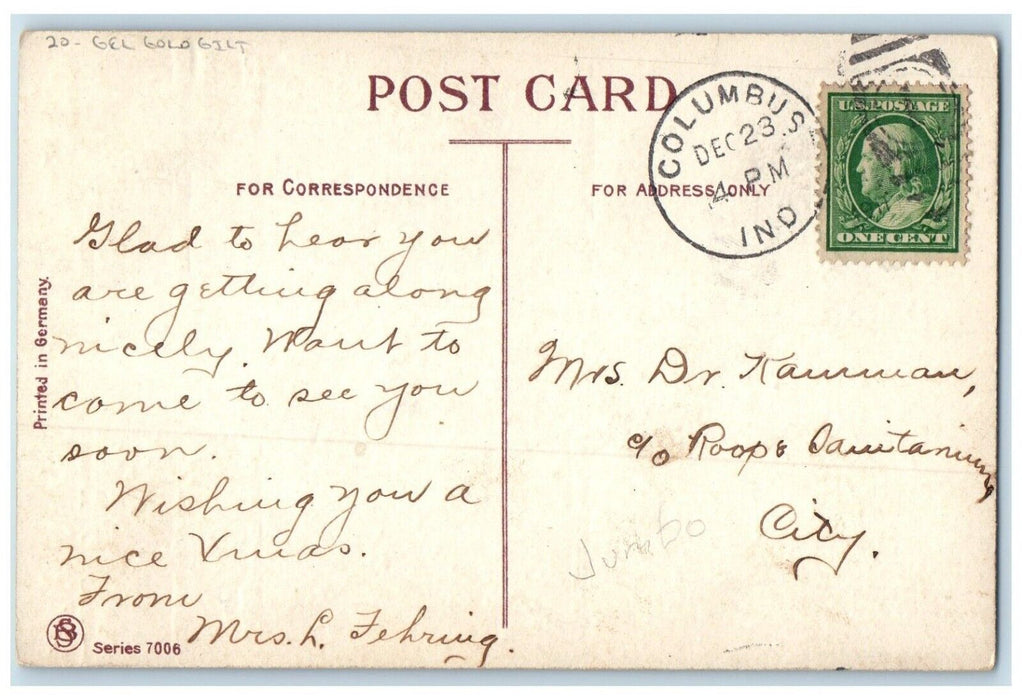 1911 Merry Christmas Star Poinsettia Flowers Gel Gold Gilt Columbus OH Postcard