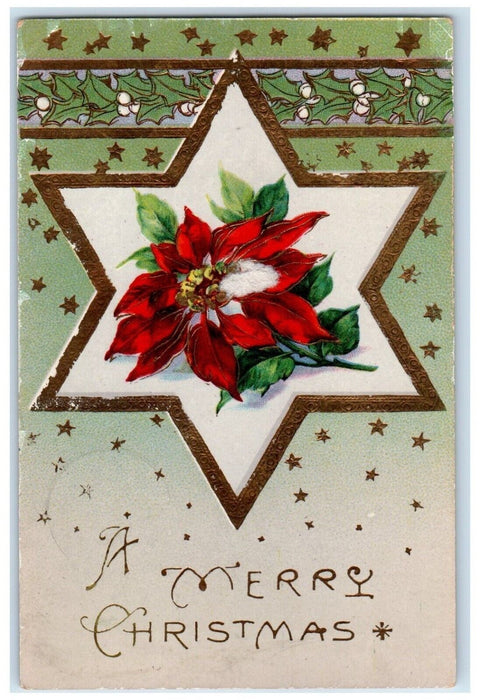 1911 Merry Christmas Star Poinsettia Flowers Gel Gold Gilt Columbus OH Postcard