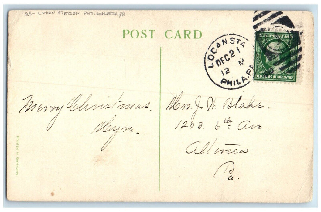 1910 Christmas Greeting Flowers Logan Station Philadelphia PA Antique Postcard