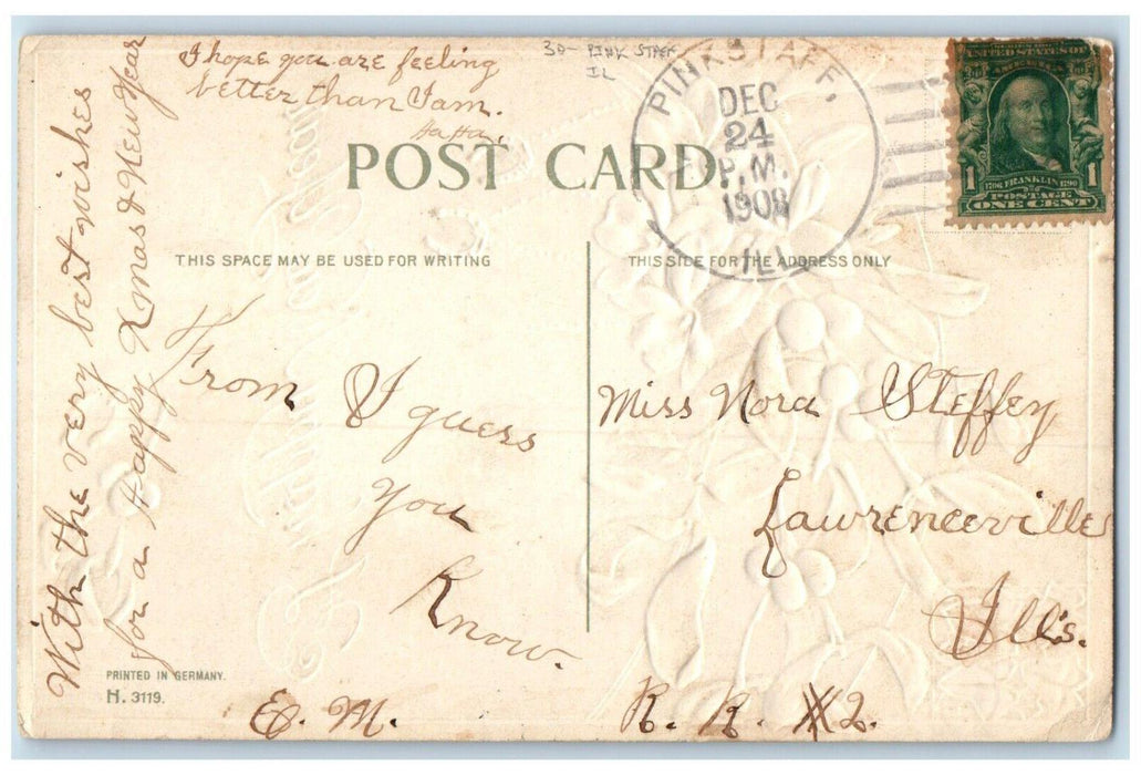 1908 New Year Mistletoe Flowers Horseshoe Pink Staff Illinois IL Posted Postcard