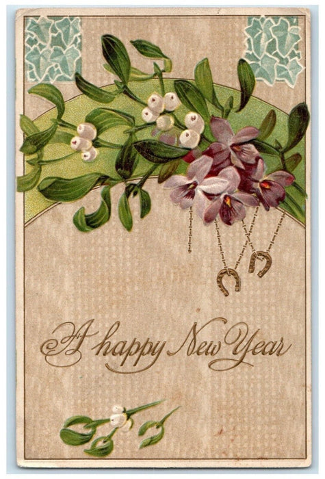 1908 New Year Mistletoe Flowers Horseshoe Pink Staff Illinois IL Posted Postcard