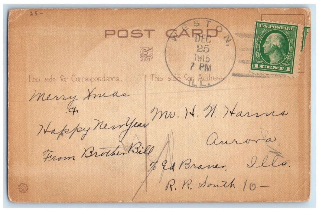 1915 Christmas Holly Berries Whreat Poinsettia Flowers Weston IL Posted Postcard