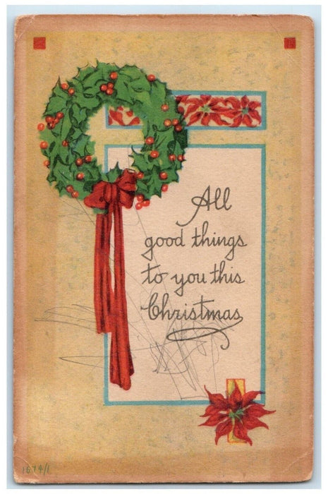 1915 Christmas Holly Berries Whreat Poinsettia Flowers Weston IL Posted Postcard