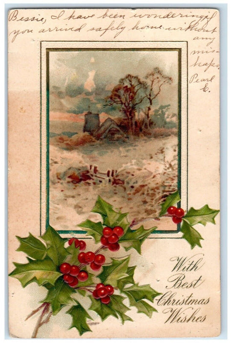 Christmas Holly Berries House Church Winter Berries Nash Hampton IA Postcard