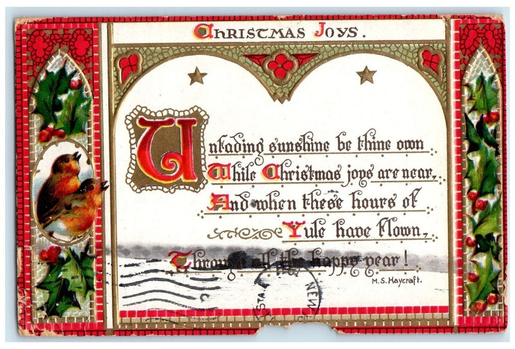 1911 Christmas Holly Berries Song Birds Embossed Logan Iowa IA Tuck's Postcard