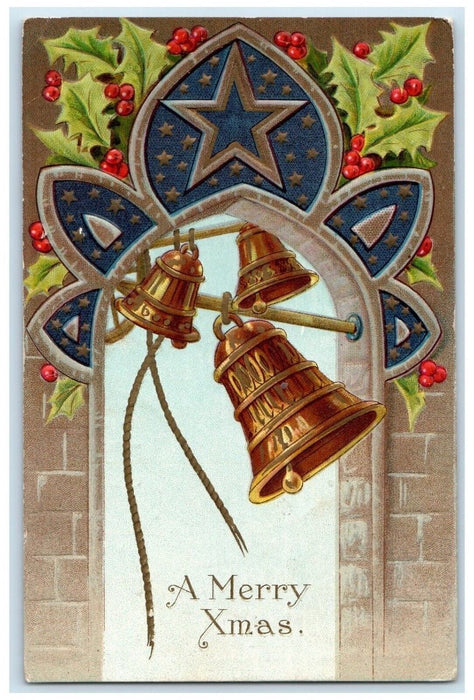 1910 Merry Christmas Ringing Bells Holly Berries Casey Iowa IA Embossed Postcard