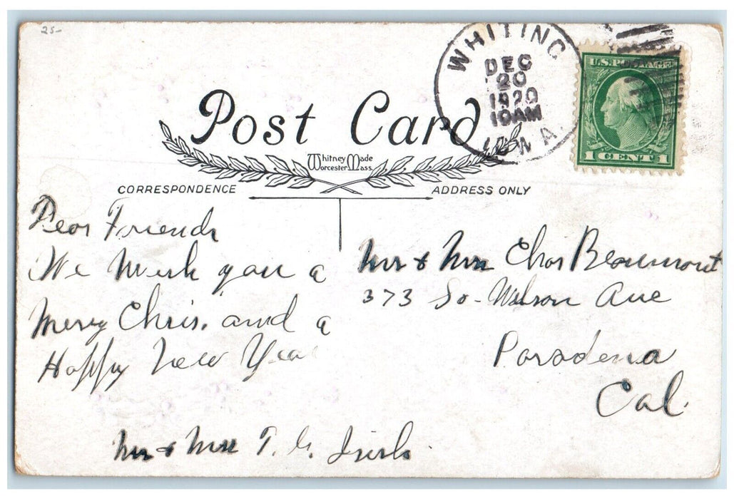 1920 Christmas Greeting Message Holly Berries Winter Whiting Iowa IA Postcard