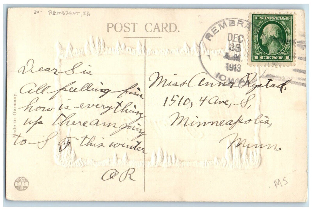 1913 Merry Christmas Flowers Vase Embossed Rembrant Iowa IA Antique Postcard