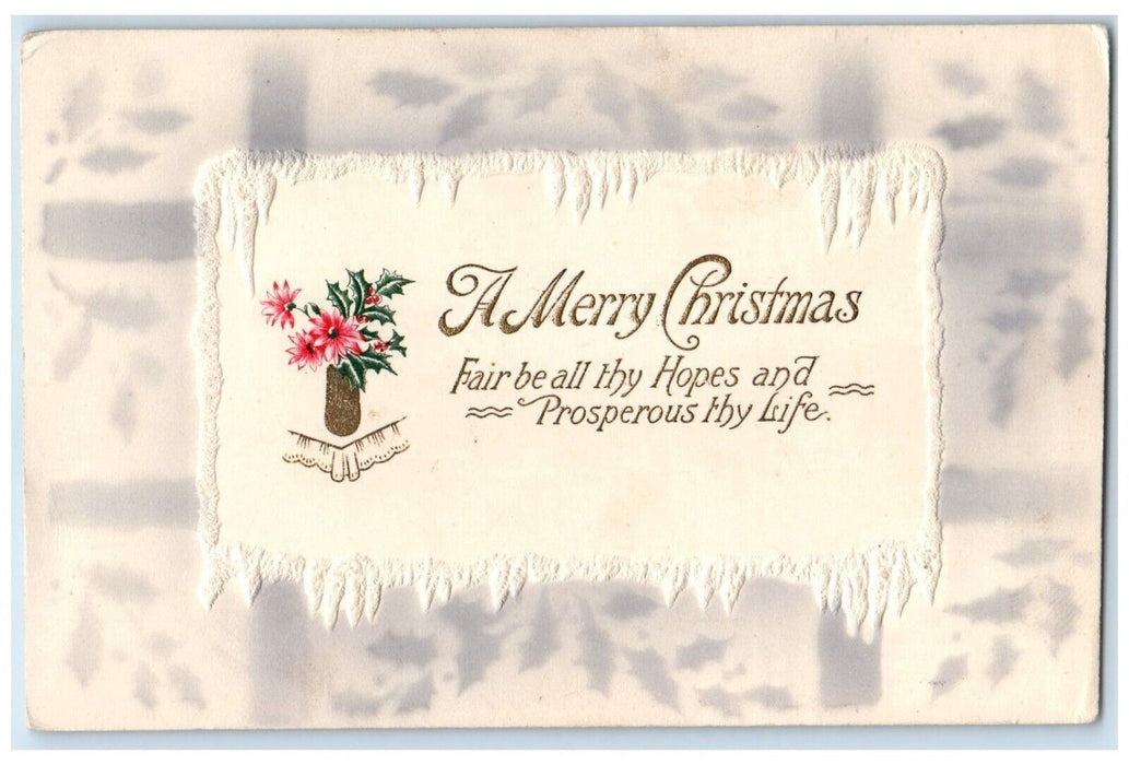 1913 Merry Christmas Flowers Vase Embossed Rembrant Iowa IA Antique Postcard