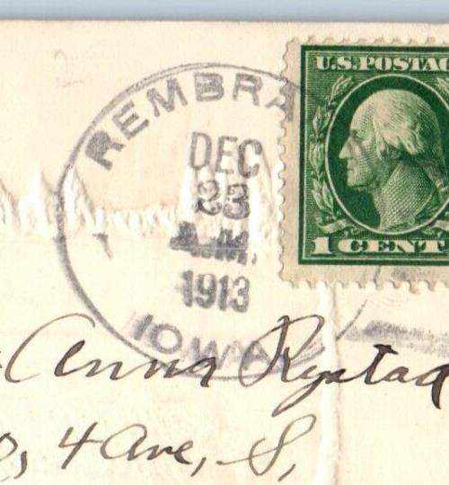 1913 Merry Christmas Flowers Vase Embossed Rembrant Iowa IA Antique Postcard