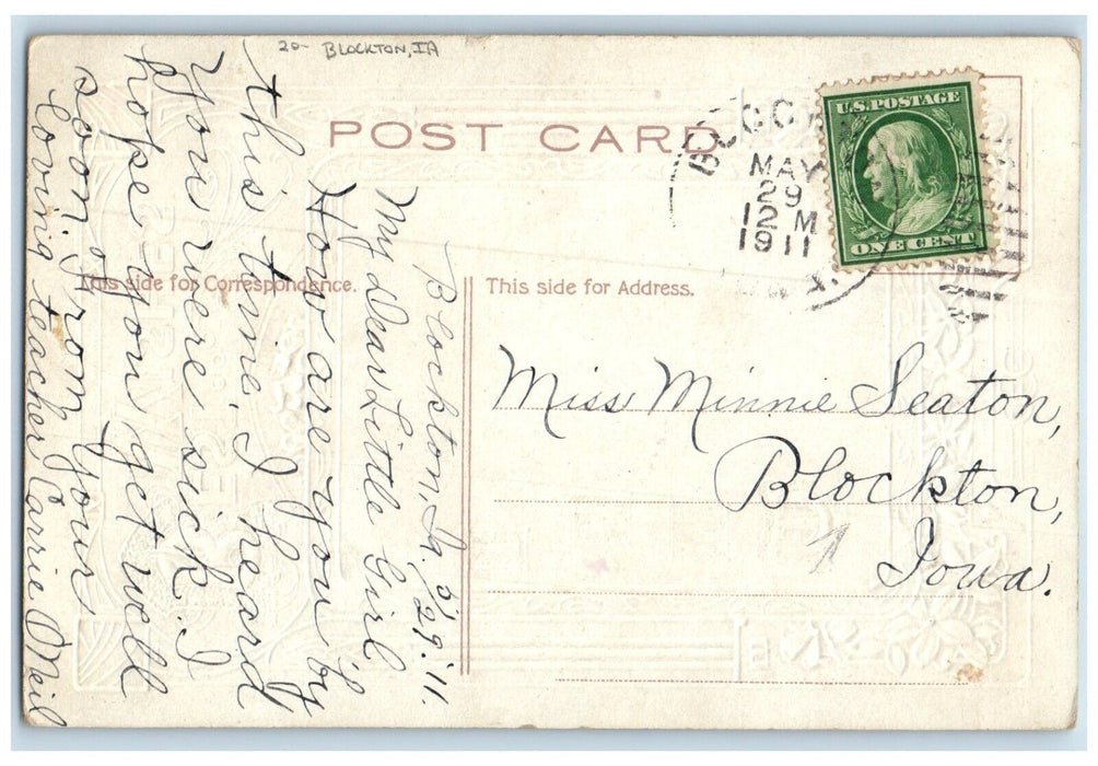 1911 Best Wishes Message Flowers Embossed Blockton Iowa IA Antique Postcard