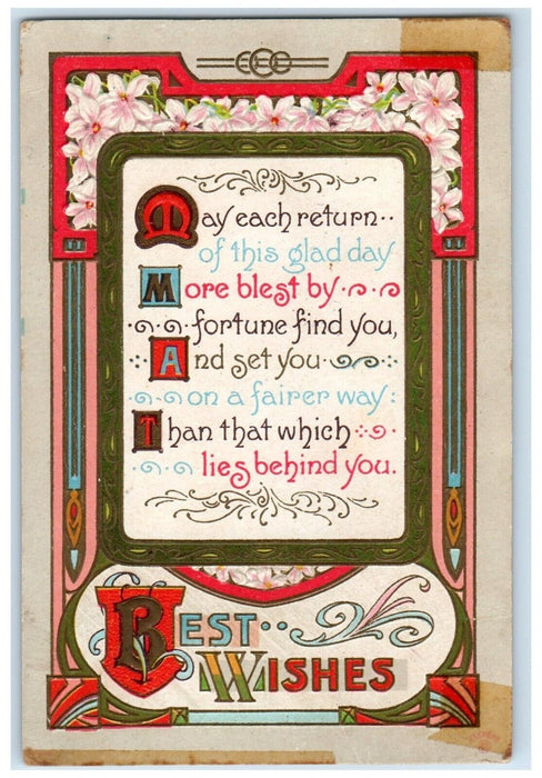 1911 Best Wishes Message Flowers Embossed Blockton Iowa IA Antique Postcard
