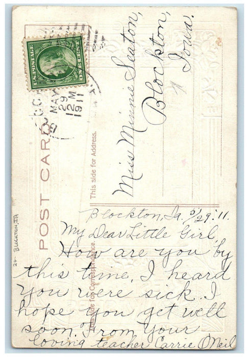 1911 Best Wishes Message Flowers Embossed Blockton Iowa IA Antique Postcard
