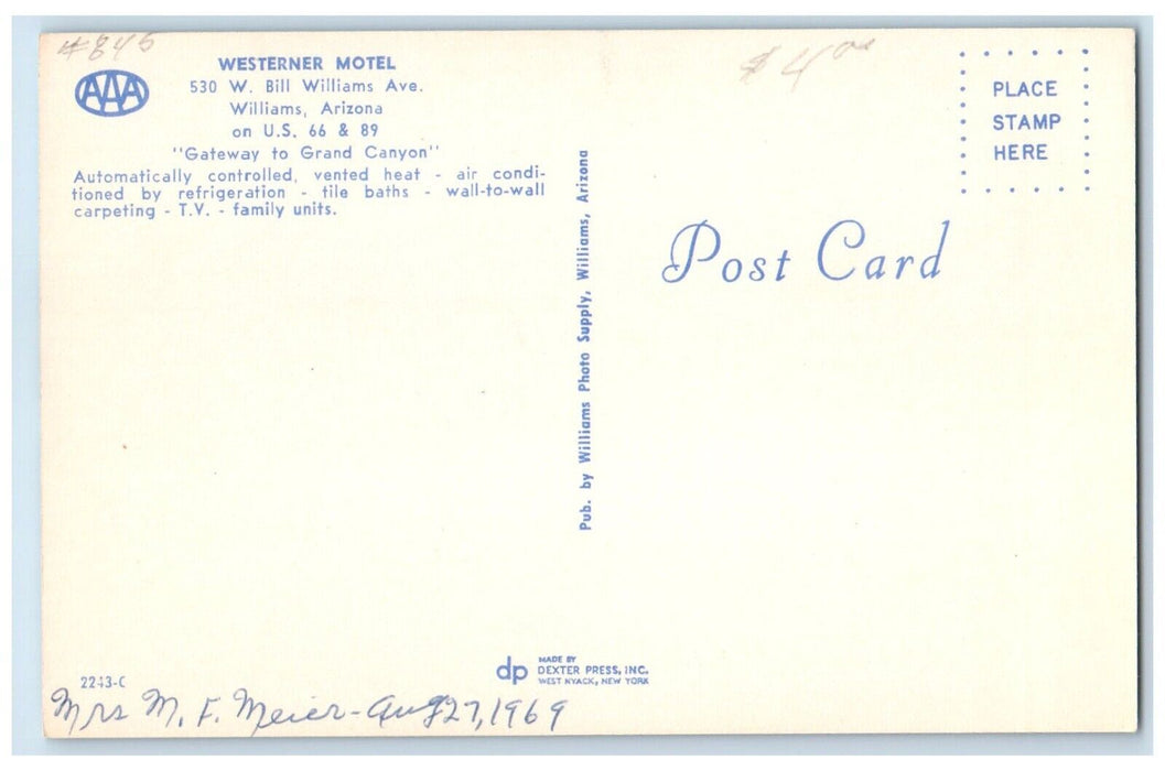 1969 Westerner Motel Car Roadside Williams Arizona AZ Posted Vintage Postcard