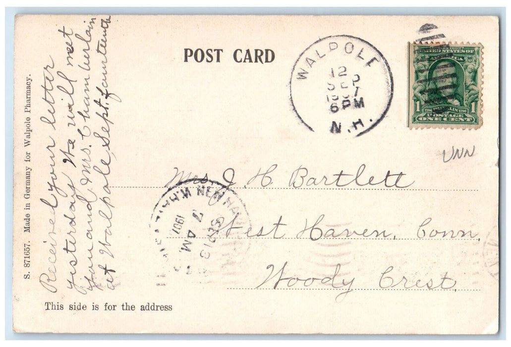 1907 Birds Eye View Connecticut River Walpole New Hampshire NH Posted Postcard