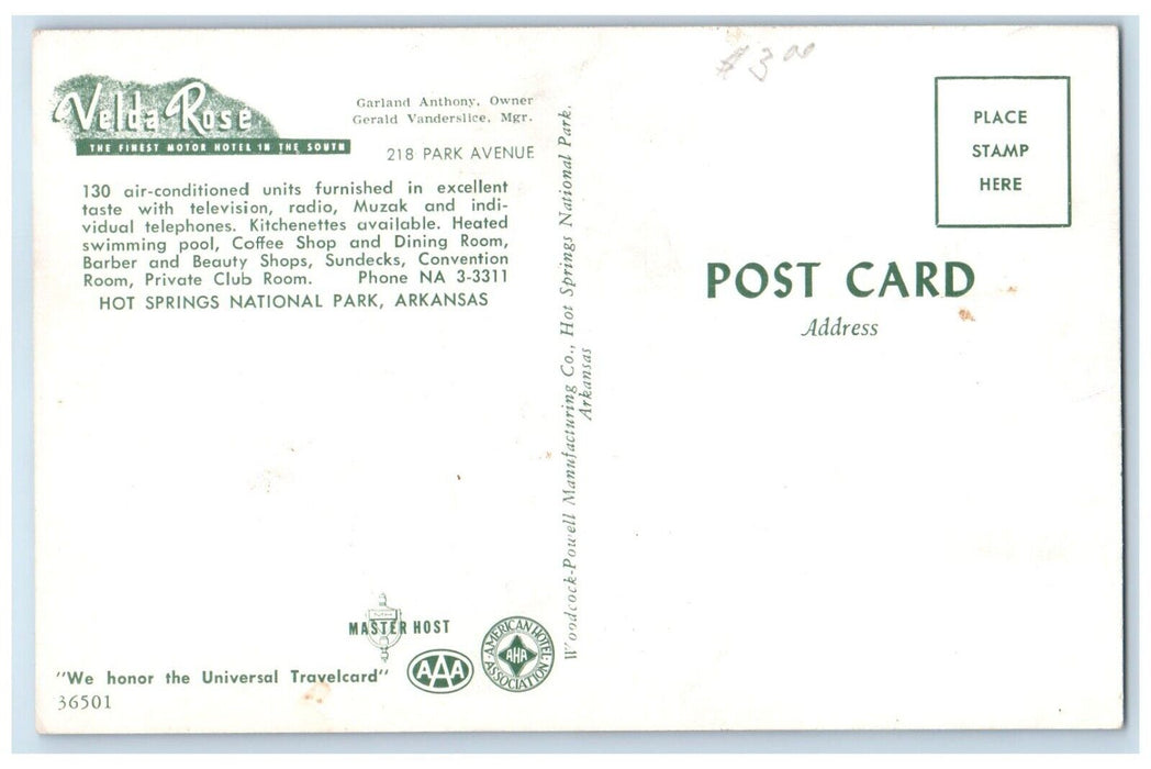 c1960's Velda Rose Motor Hotel Hot Springs National Park AR, Dual View Postcard
