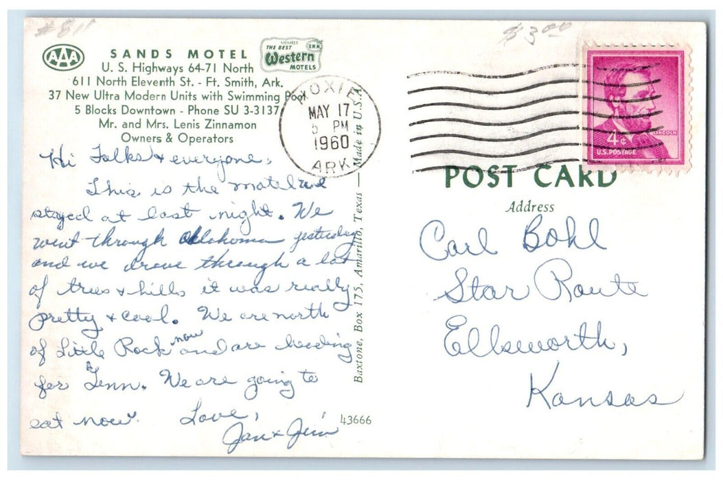 1960 Sands Motel And Swimming Pool Forth Smith Arkansas AR, Dual View Postcard