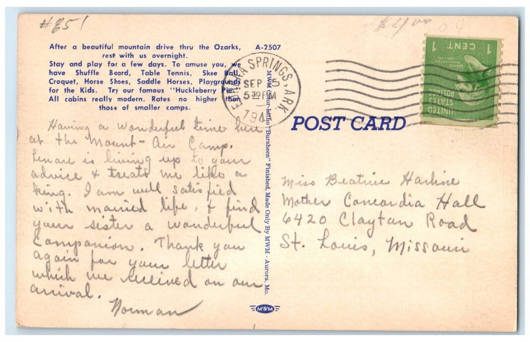 1941 Mount Air Camp Cabin Trees Eureka Springs Arkansas AR Vintage Postcard