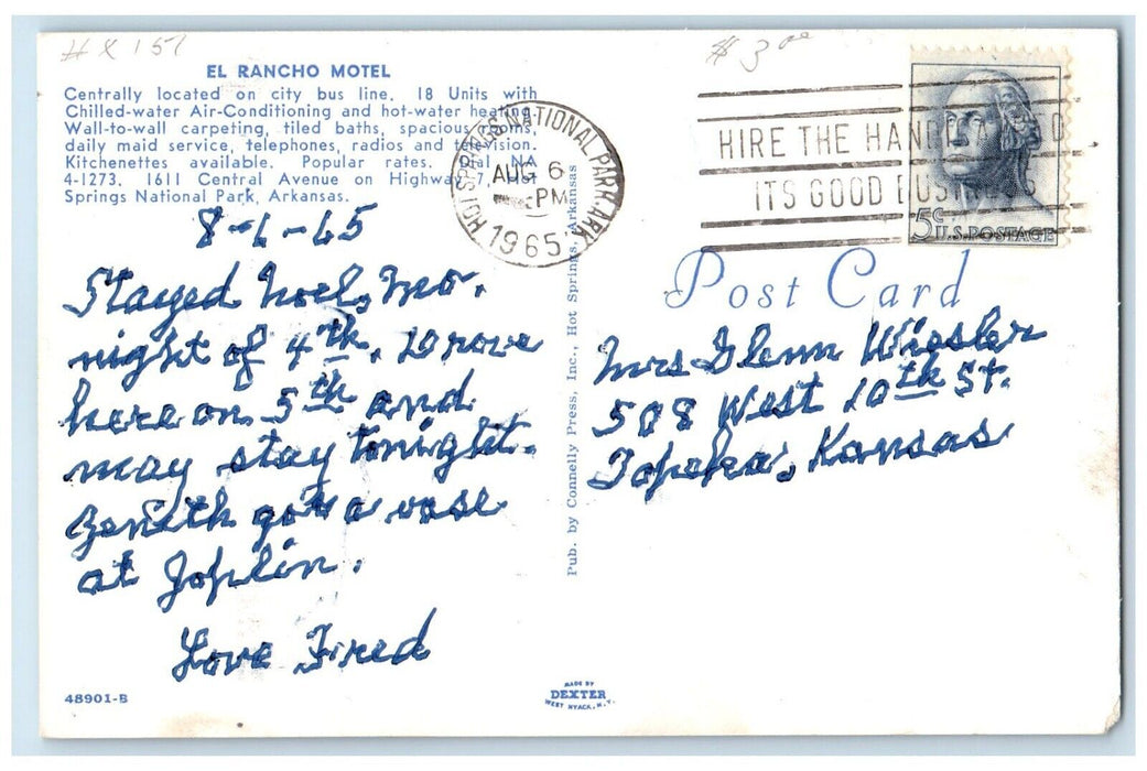 1965 El Rancho Motel Cars Hot Spring National Park Arkansas AR Vintage Postcard