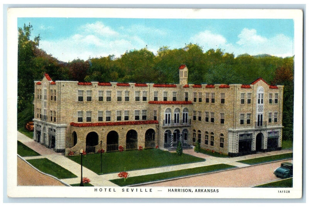 c1930's Hotel Seville Building Car Harrison Arkansas AR Vintage Postcard