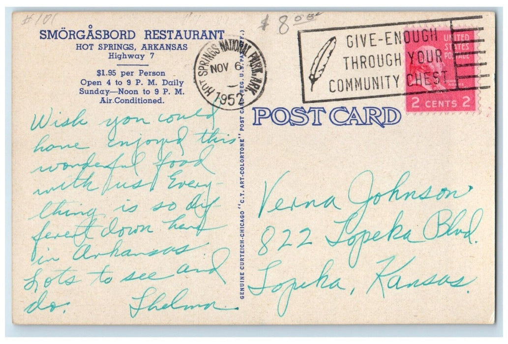 1952 Smorgasbord Restaurant Hot Springs National Park AR, Multiview Postcard