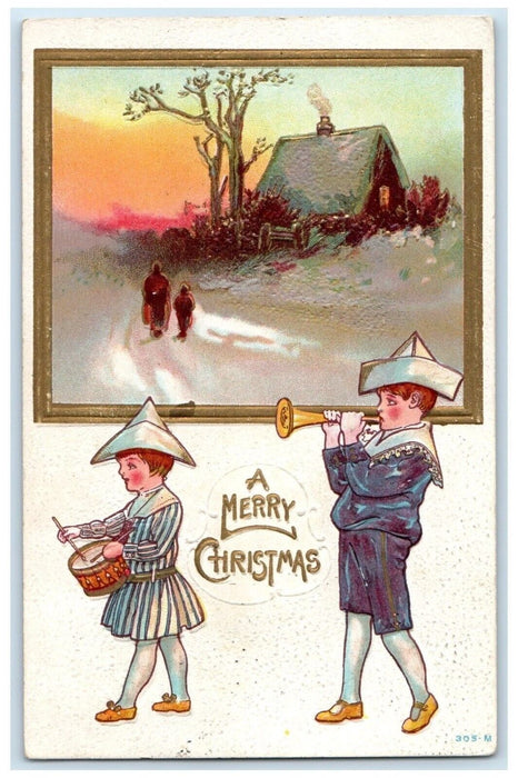 1909 Christmas Children Flute Drummer House Winter Missouri Valley IA Postcard