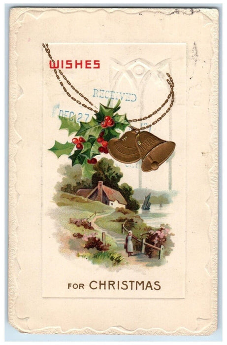 1911 Christmas Berries Bells Sidney Creston Iowa IA Double Cancel Postcard