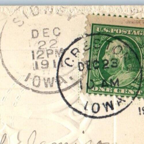 1911 Christmas Berries Bells Sidney Creston Iowa IA Double Cancel Postcard
