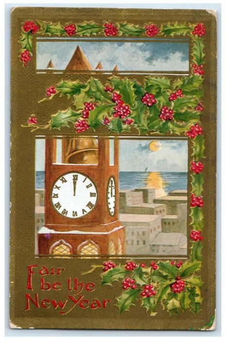 1911 New Year Tower Bell Clock Holly Berries Embossed Federal Kansas KS Postcard