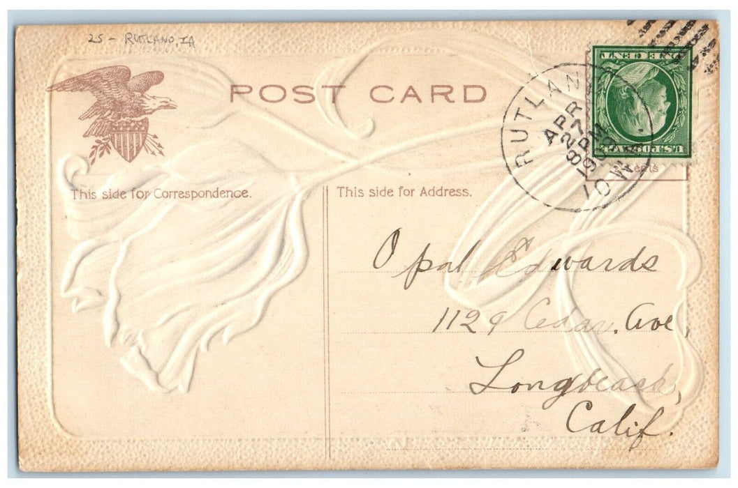 1909 Flowers Airbrushed Embossed Rutland Iowa IA Posted Antique Postcard