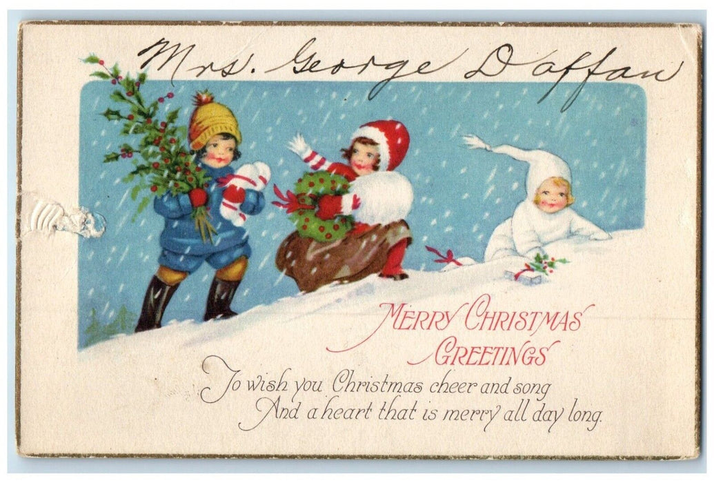 Christmas Greetings Children Playing In Winter Waterfalls Berries Postcard