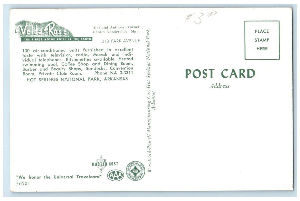 Velda Rose Motor Hotel Hot Springs National Park Arkansas AR Dual View Postcard