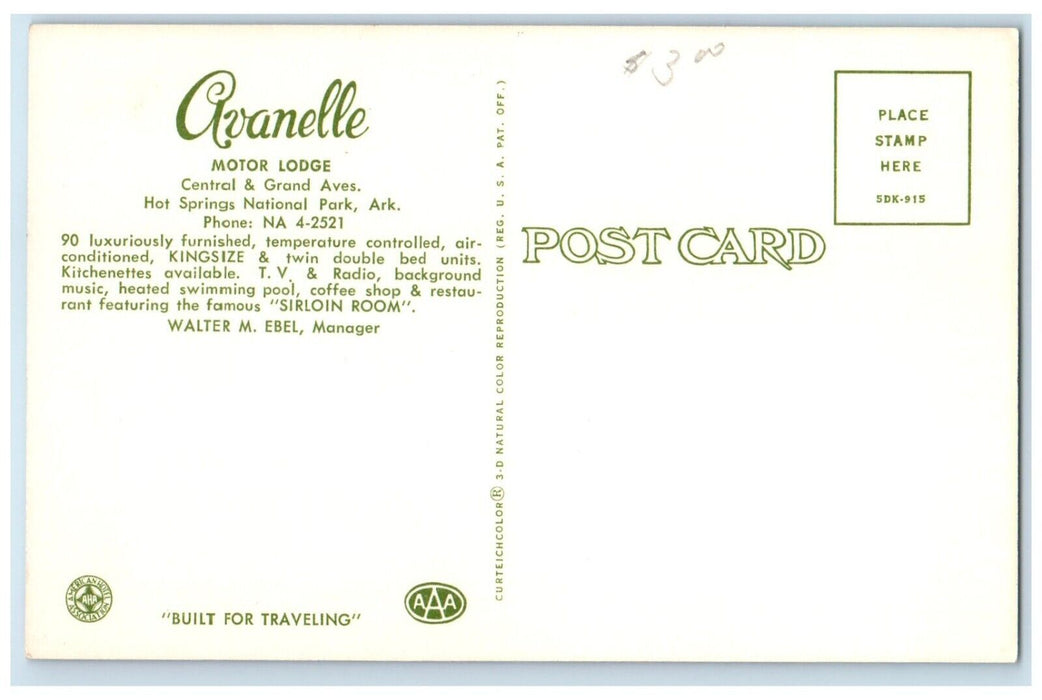 c1950's Avanelle Motor Lodge Hot Springs National Park AR, Dual View Postcard
