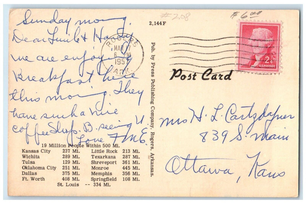 1957 Hotel Arkansas Restaurant Dining Room Rogers AR, Multiview Vintage Postcard