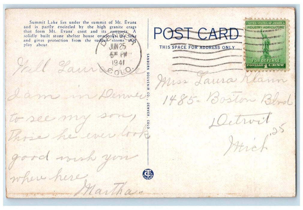 1941 Top of Mt. Evans Denver Mountain Parks Denver Colorado CO Postcard