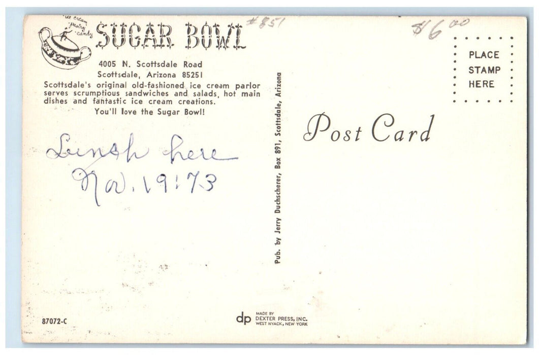 1973 Sugar Bowl Dining Room Scottsdale Arizona AZ, Dual View Vintage Postcard
